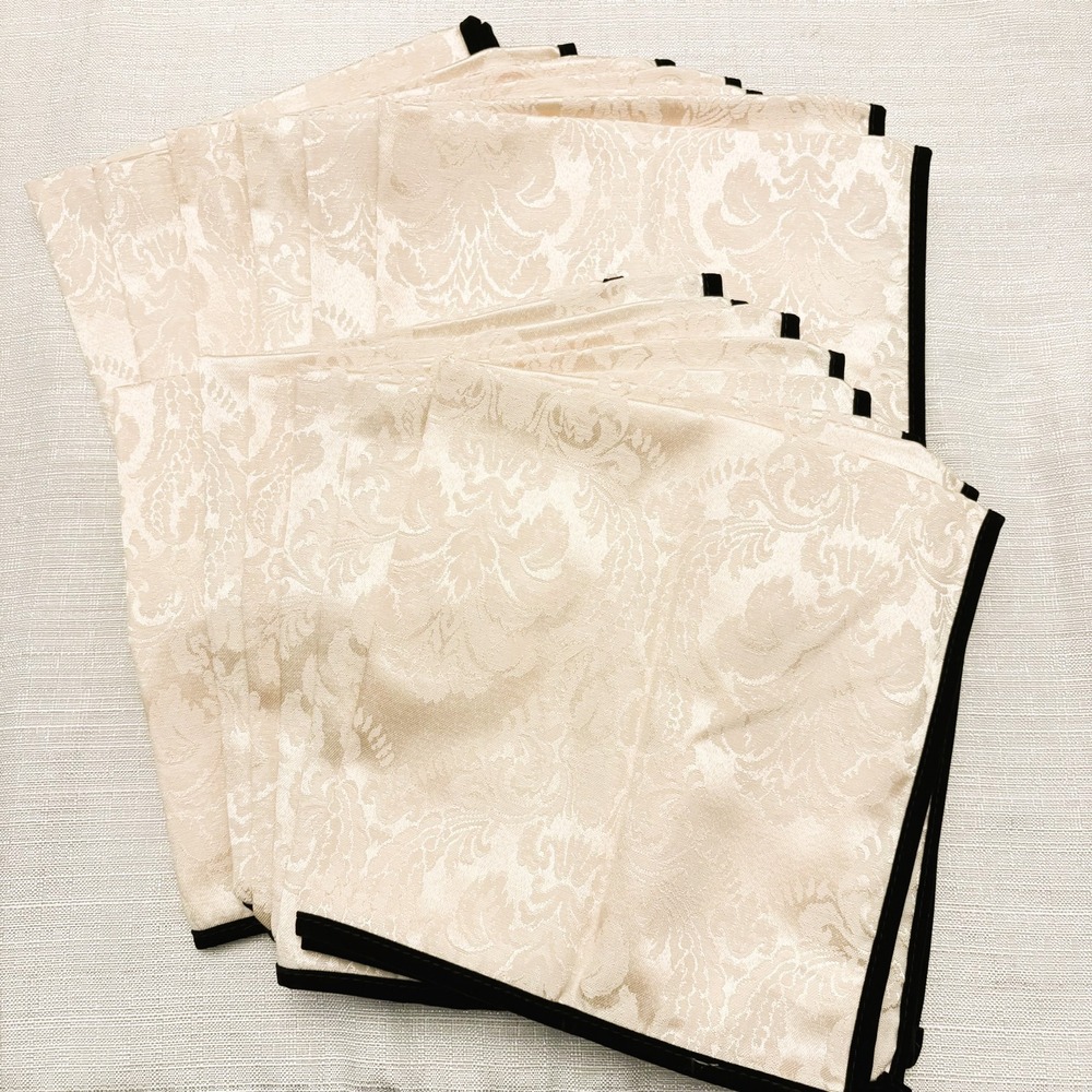 Vintage W-C Designs 1992 Damask Dinner Napkins Set of 12 Ivory Velvet Trim